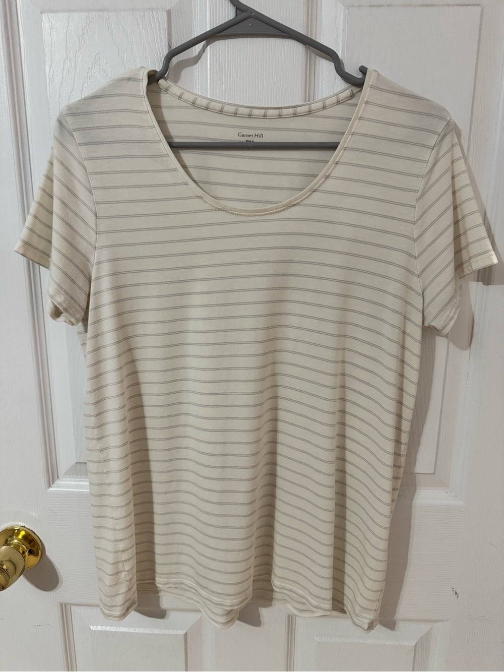 Garnet Hill Organic Cotton Blend Striped T Cream/Gray Large Coastal